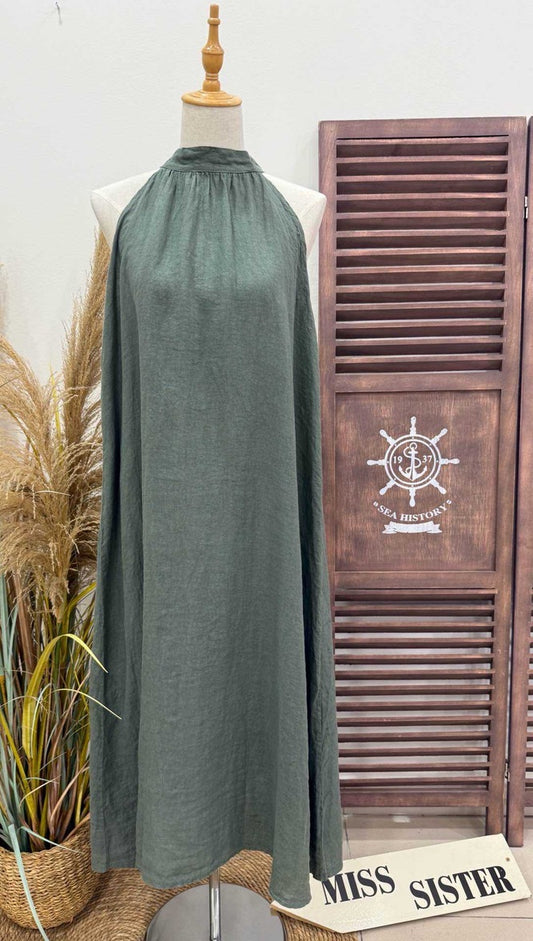 Vestido Halter Lino Verde Militar